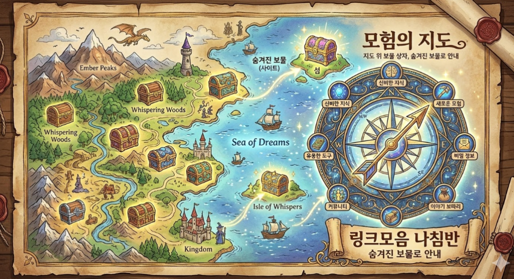 지도 위에 보물 상자가 여러 개 있고, 링크모음이 나침반 역할을 하며 숨겨진 보물(사이트)로 안내하는 판타지 스타일 일러스트 지도 위에 보물 상자가 여러 개 있고, 링크모음이 나침반 역할을 하며 숨겨진 보물(사이트)로 안내하는 판타지 스타일 일러스트