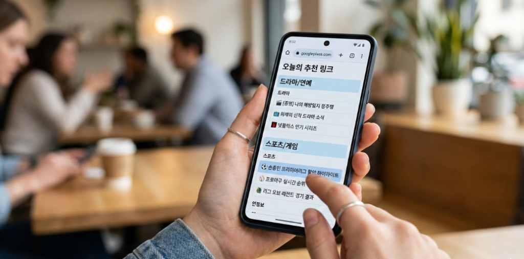한 손으로 스마트폰 들고 엄지로 링크모음 페이지를 스크롤하며 특정 링크 터치하는 실사 느낌 이미지 한 손으로 스마트폰 들고 엄지로 링크모음 페이지를 스크롤하며 특정 링크 터치하는 실사 느낌 이미지